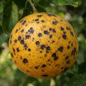 Dark circular lesions with yellow halo on lemon fruit caused by black spot disease