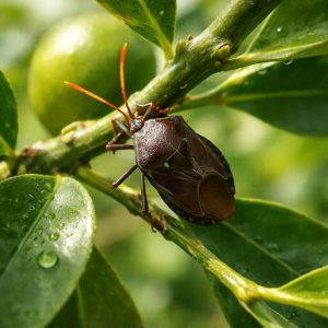 Citrus leaves showing sap-sucking damage and distortion from bronze orange bug feeding