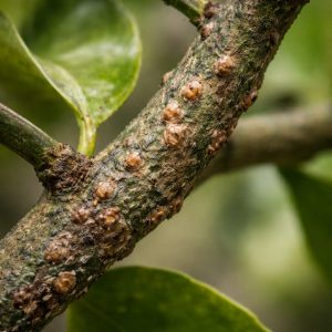 Scale insect on stems of citrus plant